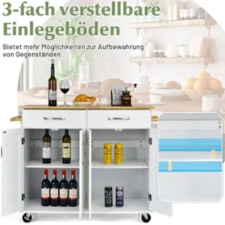 Rollender Kücheninselwagen mit Arbeitsplatte aus Gummiholz 4-türiger Servierwagen 122 x 48 x 92,5 cm