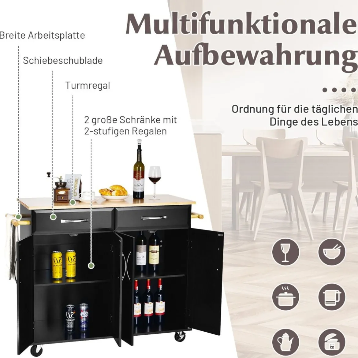 Rollender Kücheninselwagen mit Arbeitsplatte aus Gummiholz 4-türiger Servierwagen 122 x 48 x 92,5 cm