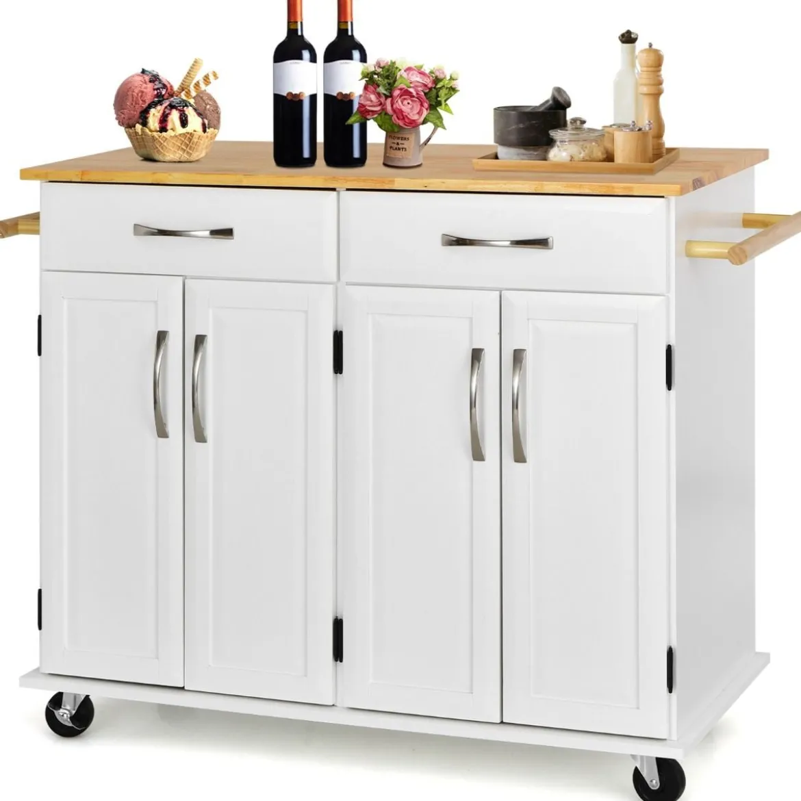 Rollender Kücheninselwagen mit Arbeitsplatte aus Gummiholz 4-türiger Servierwagen 122 x 48 x 92,5 cm
