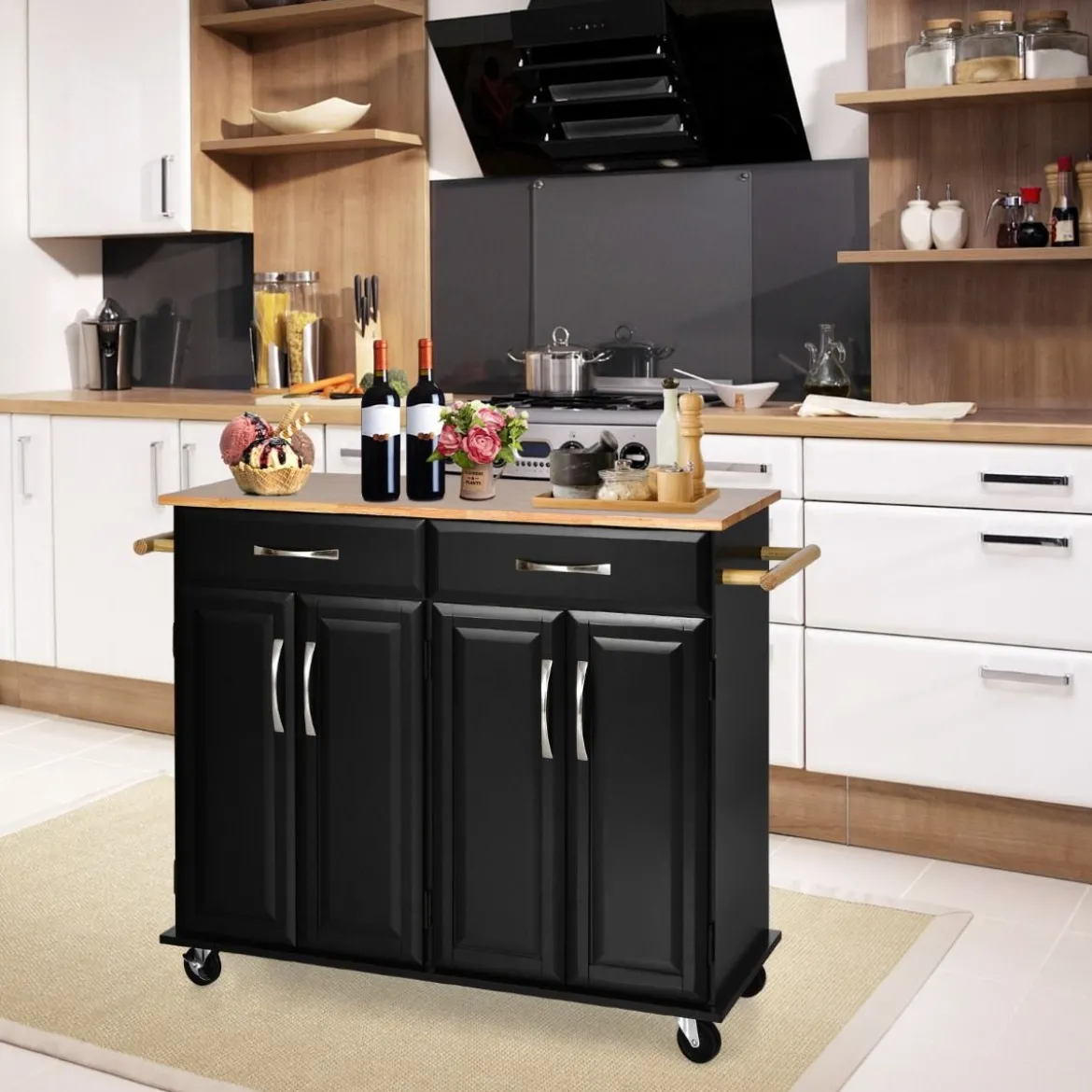 Rollender Kücheninselwagen mit Arbeitsplatte aus Gummiholz 4-türiger Servierwagen 122 x 48 x 92,5 cm