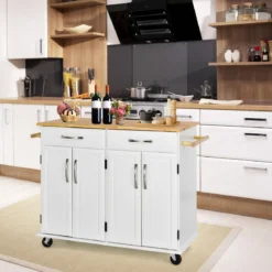 Rollender Kücheninselwagen mit Arbeitsplatte aus Gummiholz 4-türiger Servierwagen 122 x 48 x 92,5 cm