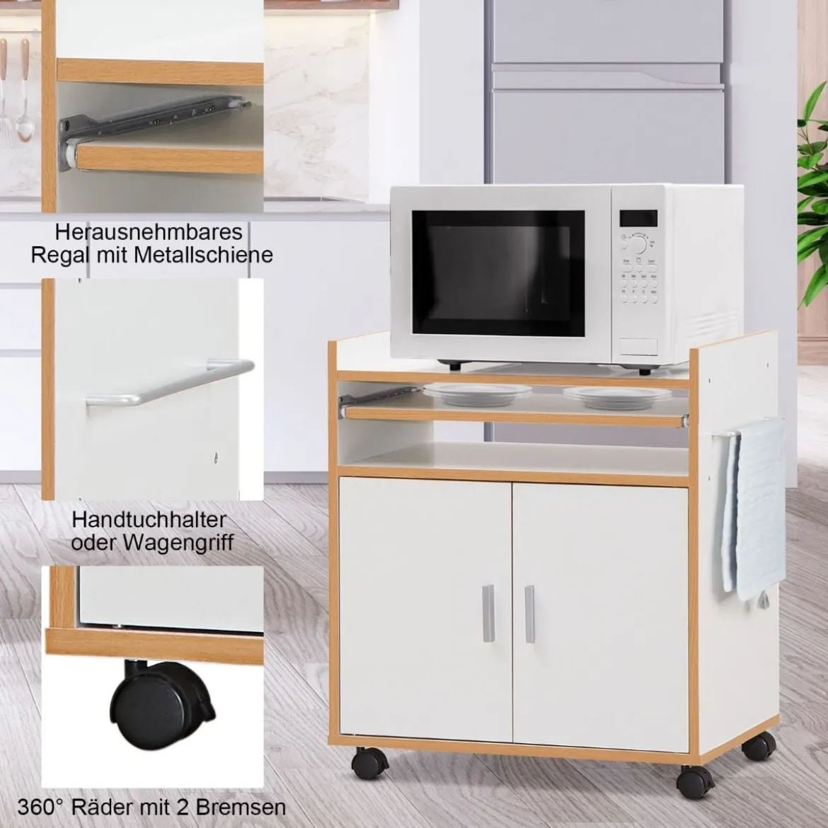 Rollender Küchenwagen Küchentrolley mit Schrank 3 Regalen und Handtuchhalter Weiß