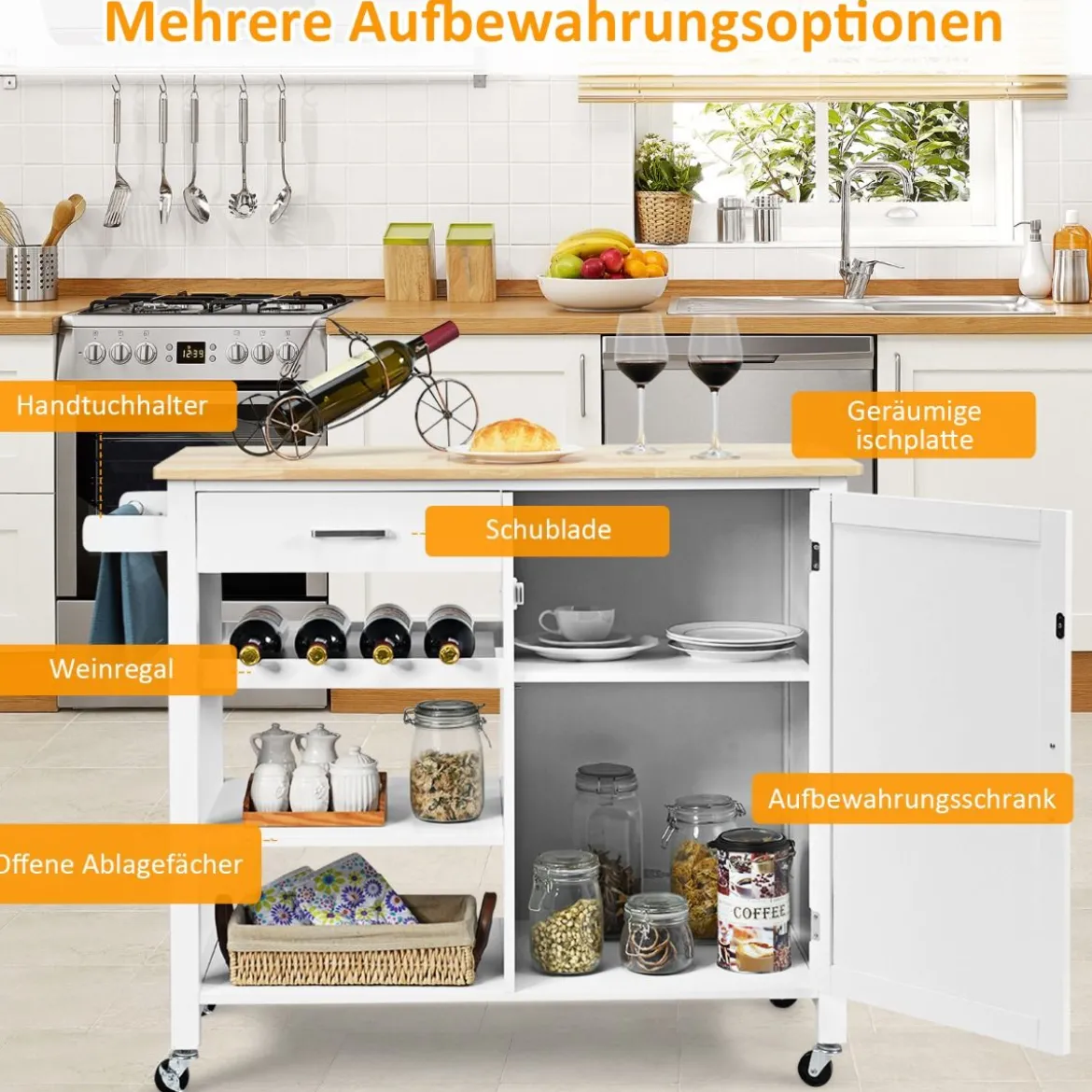 Rollender Küchenwagen Mobile Kücheninsel mit Schublade 100 x 48 x 90 cm Weiß