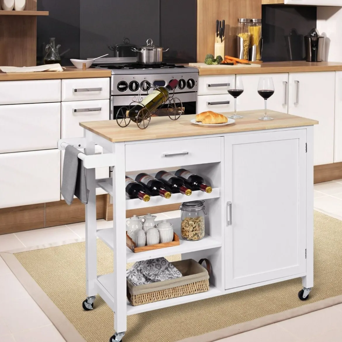 Rollender Küchenwagen Mobile Kücheninsel mit Schublade 100 x 48 x 90 cm Weiß