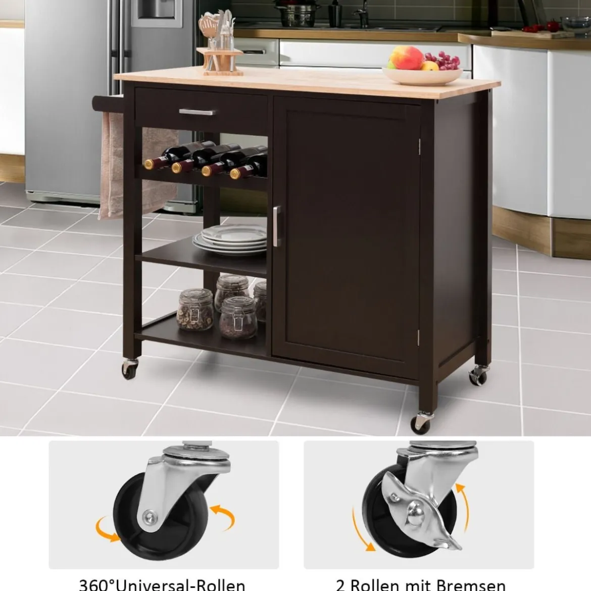 Rollender Küchenwagen Mobile Kücheninsel mit Schublade 100 x 48 x 90 cm Braun