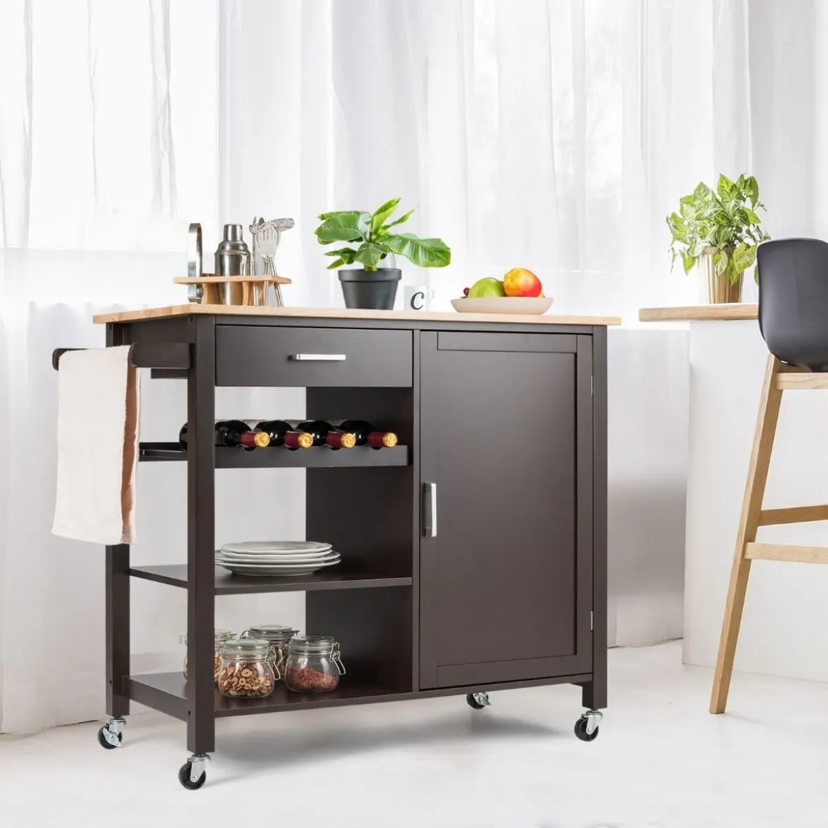 Rollender Küchenwagen Mobile Kücheninsel mit Schublade 100 x 48 x 90 cm Braun
