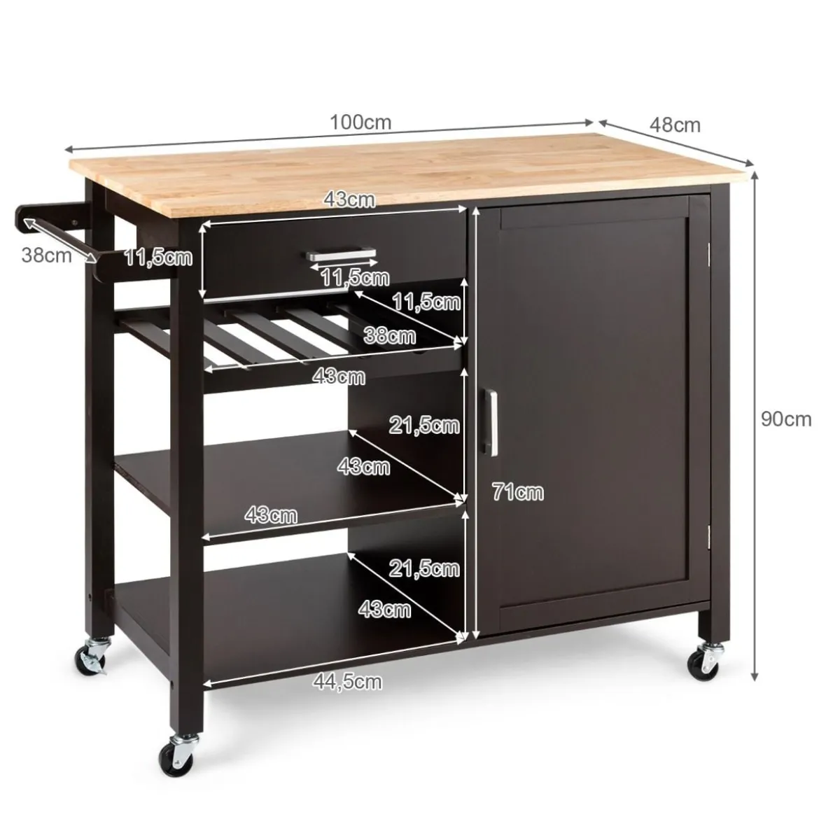 Rollender Küchenwagen Mobile Kücheninsel mit Schublade 100 x 48 x 90 cm Braun