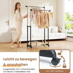 Rollender Kleiderständer Doppelstangen-Garderobenständer mit verstellbarer Höhe robuster Metallständer Schwarz