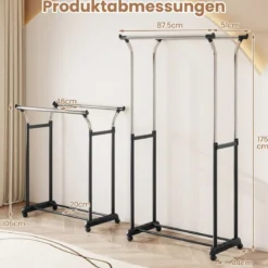 Rollender Kleiderständer Doppelstangen-Garderobenständer mit verstellbarer Höhe robuster Metallständer Schwarz
