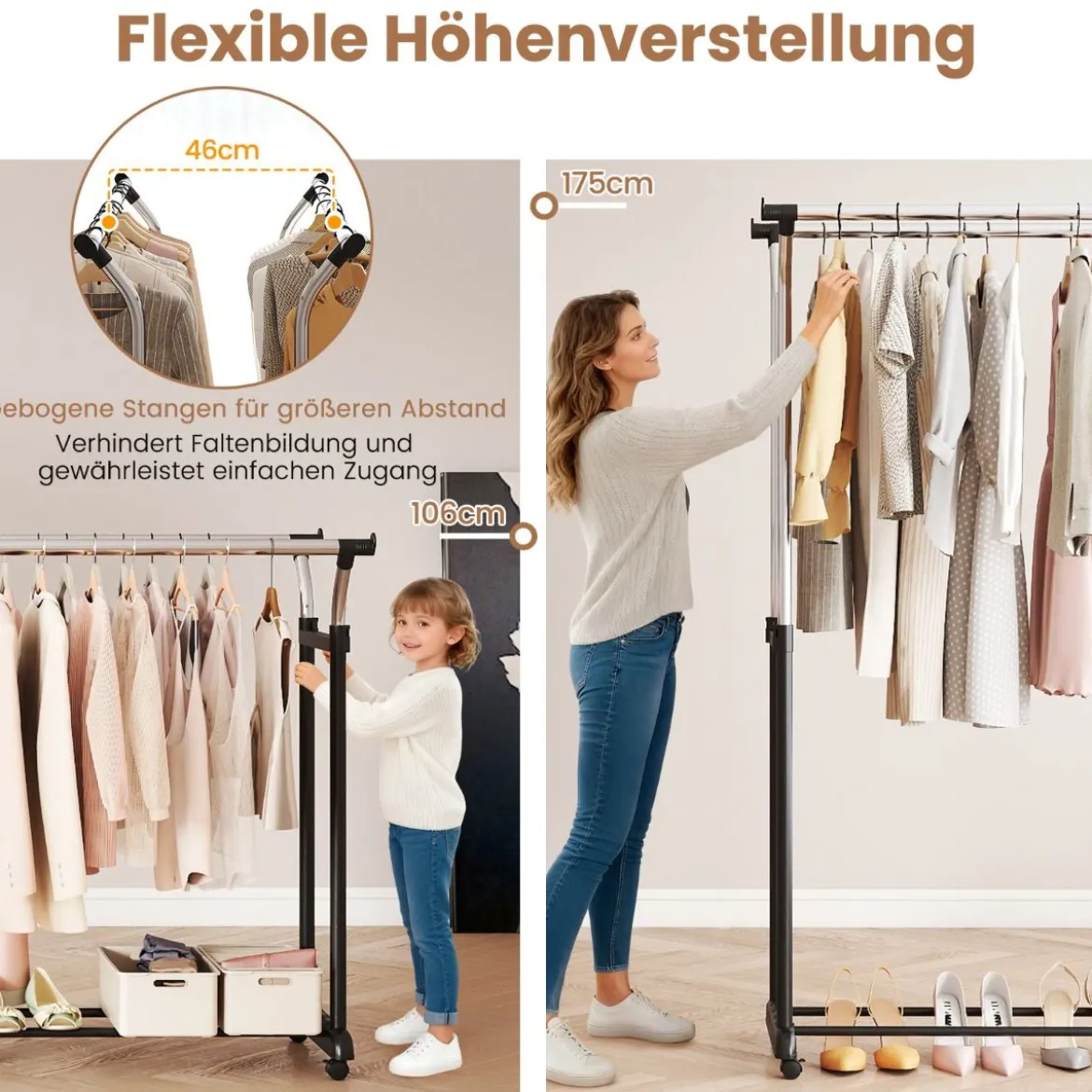 Rollender Kleiderständer Doppelstangen-Garderobenständer mit verstellbarer Höhe robuster Metallständer Schwarz