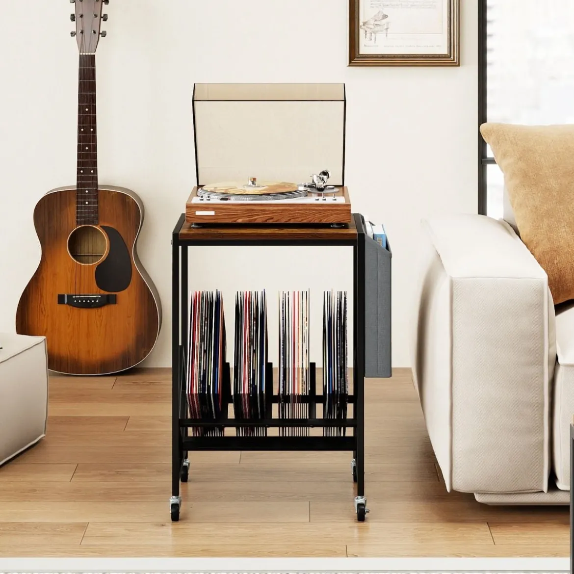 Rollender Plattenspieler-Ständer Vinyl-Schallplattentisch mit Vinylaufbewahrung & Zeitschriftenhalter Rustikales Braun