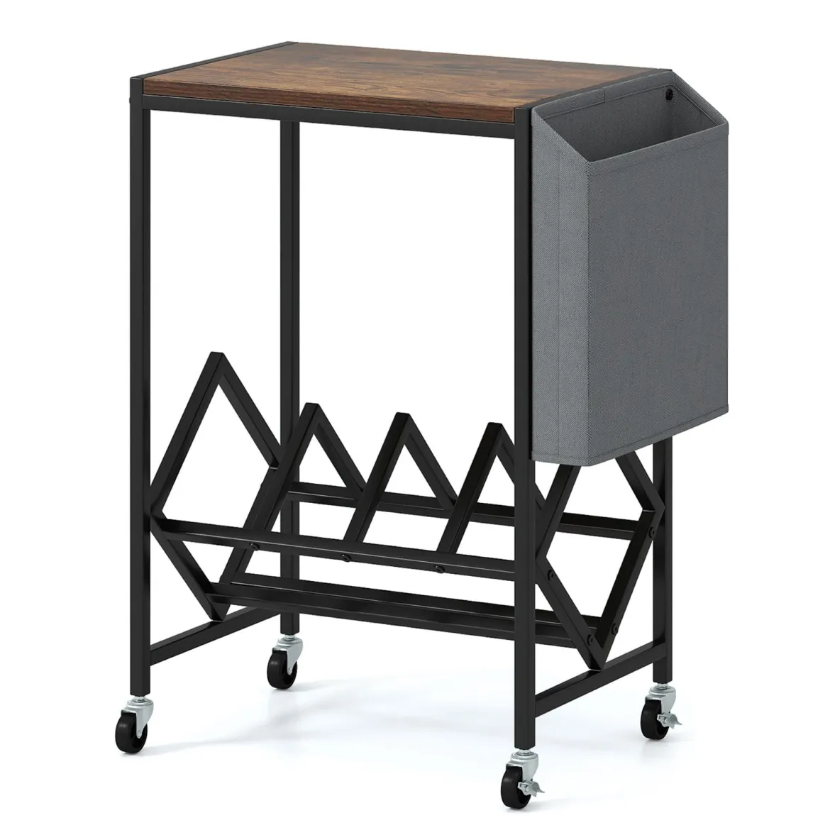 Rollender Plattenspieler-Ständer Vinyl-Schallplattentisch mit Vinylaufbewahrung & Zeitschriftenhalter Rustikales Braun
