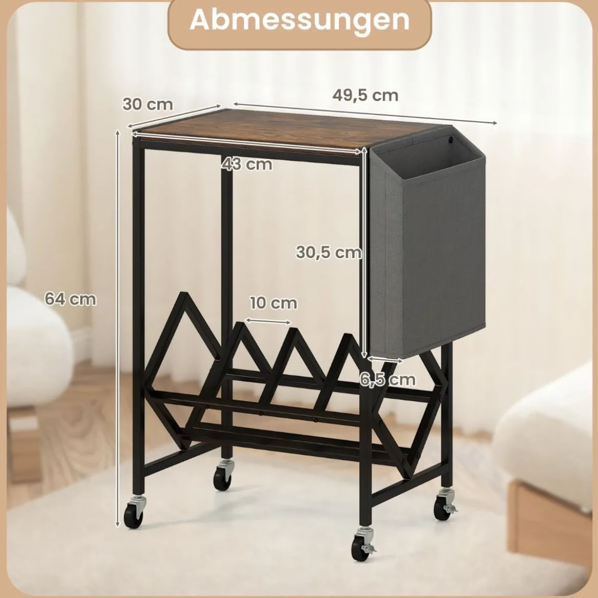Rollender Plattenspieler-Ständer Vinyl-Schallplattentisch mit Vinylaufbewahrung & Zeitschriftenhalter Rustikales Braun