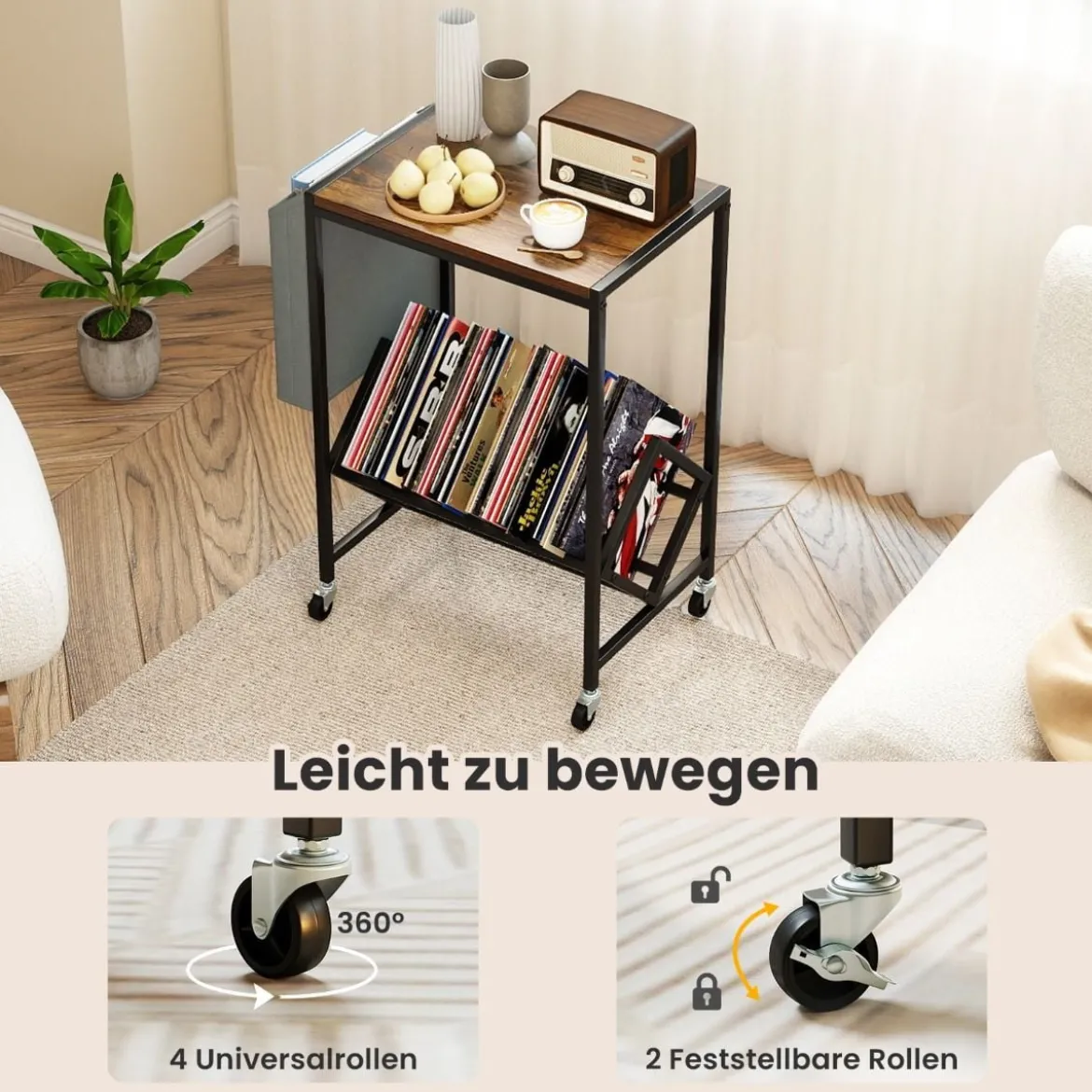 Rollender Plattenspieler-Ständer Vinyl-Schallplattentisch mit Vinylaufbewahrung & Zeitschriftenhalter Rustikales Braun