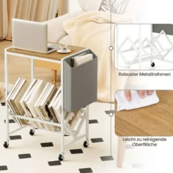 Rollender Plattenspieler-Ständer Vinyl-Schallplattentisch mit Vinylaufbewahrung & Zeitschriftenhalter Natur