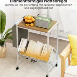 Rollender Plattenspieler-Ständer Vinyl-Schallplattentisch mit Vinylaufbewahrung & Zeitschriftenhalter Natur