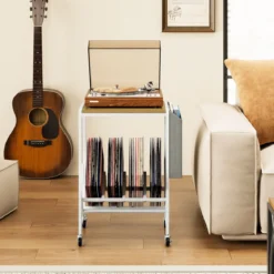 Rollender Plattenspieler-Ständer Vinyl-Schallplattentisch mit Vinylaufbewahrung & Zeitschriftenhalter Natur