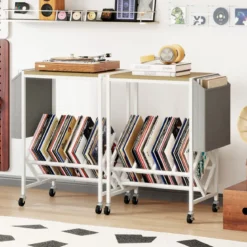 Rollender Plattenspieler-Ständer Vinyl-Schallplattentisch mit Vinylaufbewahrung & Zeitschriftenhalter Natur