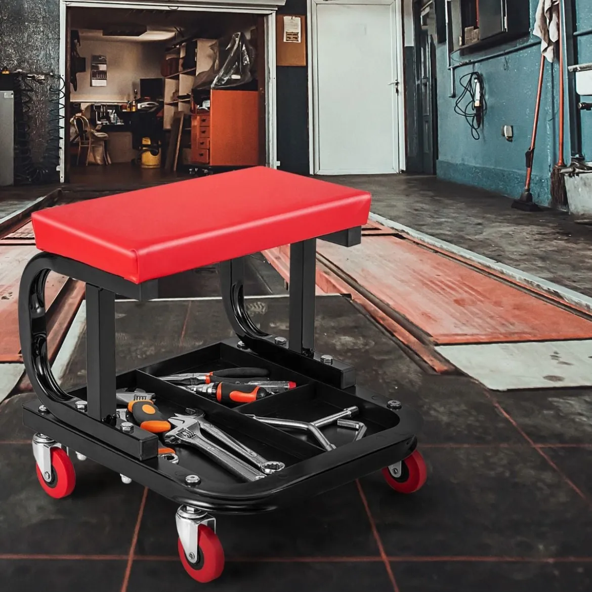 Rollender Werkstatthocker mit Werkzeugablage 150 kg Tragfähigkeit