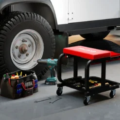 Rollender Werkstatthocker mit 185 kg Tragfähigkeit gepolsterter Mechanikersitz mit Schublade Rot