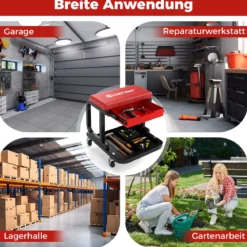 Rollender Werkstatthocker mit 185 kg Tragfähigkeit gepolsterter Mechanikersitz mit Schublade Rot