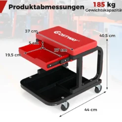 Rollender Werkstatthocker mit 185 kg Tragfähigkeit gepolsterter Mechanikersitz mit Schublade Rot