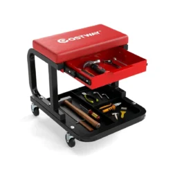 Rollender Werkstatthocker mit 185 kg Tragfähigkeit gepolsterter Mechanikersitz mit Schublade Rot