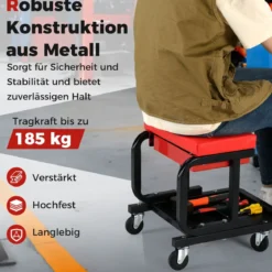 Rollender Werkstatthocker mit 185 kg Tragfähigkeit gepolsterter Mechanikersitz mit Schublade Rot