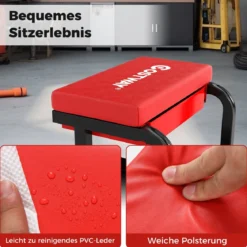 Rollender Werkstatthocker mit 185 kg Tragfähigkeit gepolsterter Mechanikersitz mit Schublade Rot