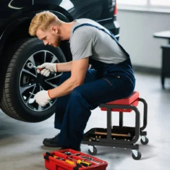 Rollender Werkstatthocker mit 185 kg Tragfähigkeit gepolsterter Mechanikersitz mit Schublade Rot