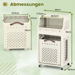 Rollender Wäschekorb mehrlagiger faltbarer Kunststoff-Wäschesammler mit oberem Regal Beige