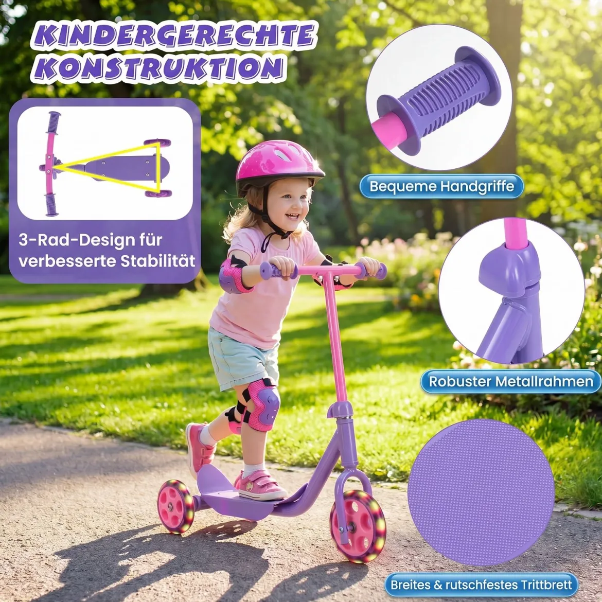 Roller Kinder Dreirad Kinderroller mit Leuchtenden LED-Rädern für Kinder ab 2 Jahren Lila