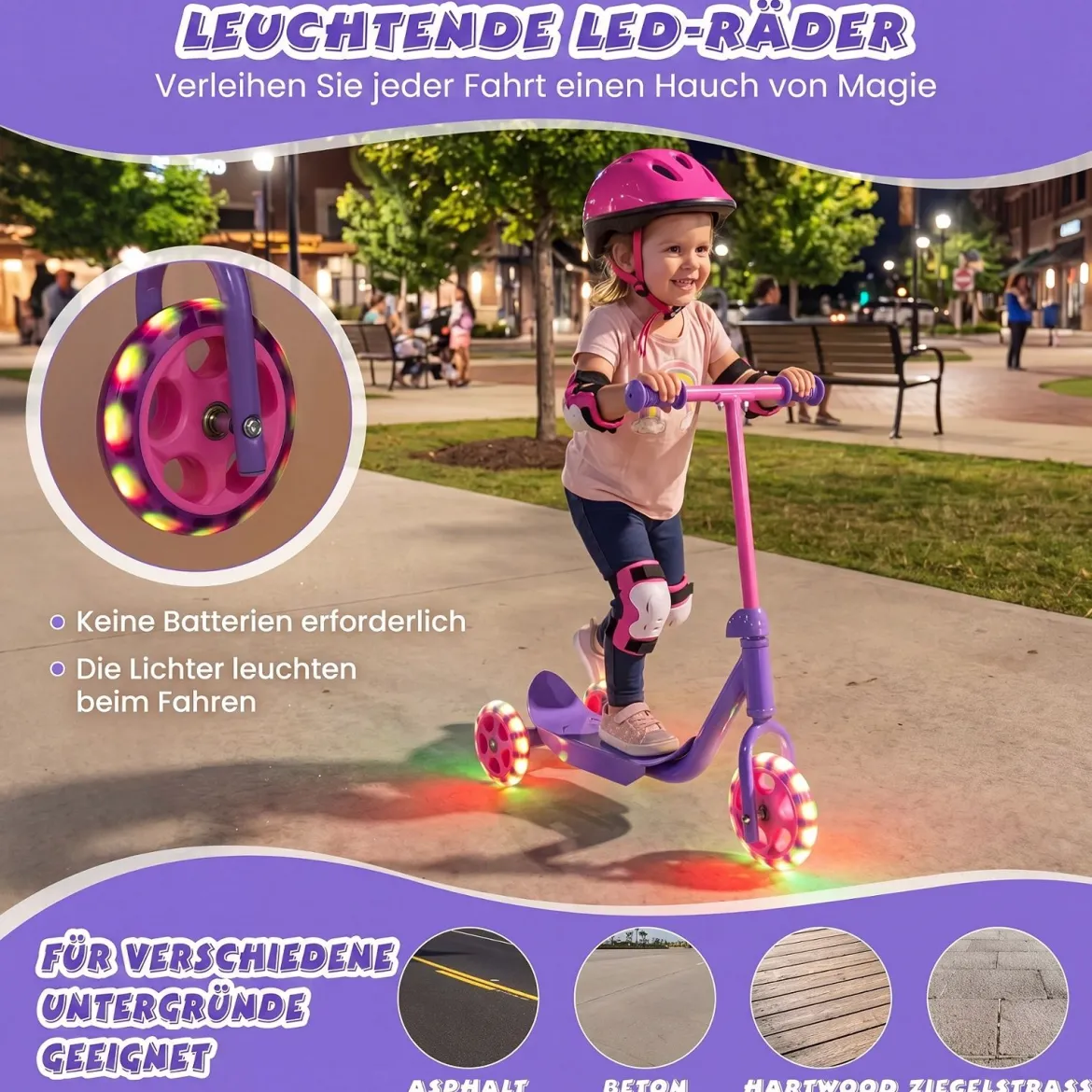 Roller Kinder Dreirad Kinderroller mit Leuchtenden LED-Rädern für Kinder ab 2 Jahren Lila