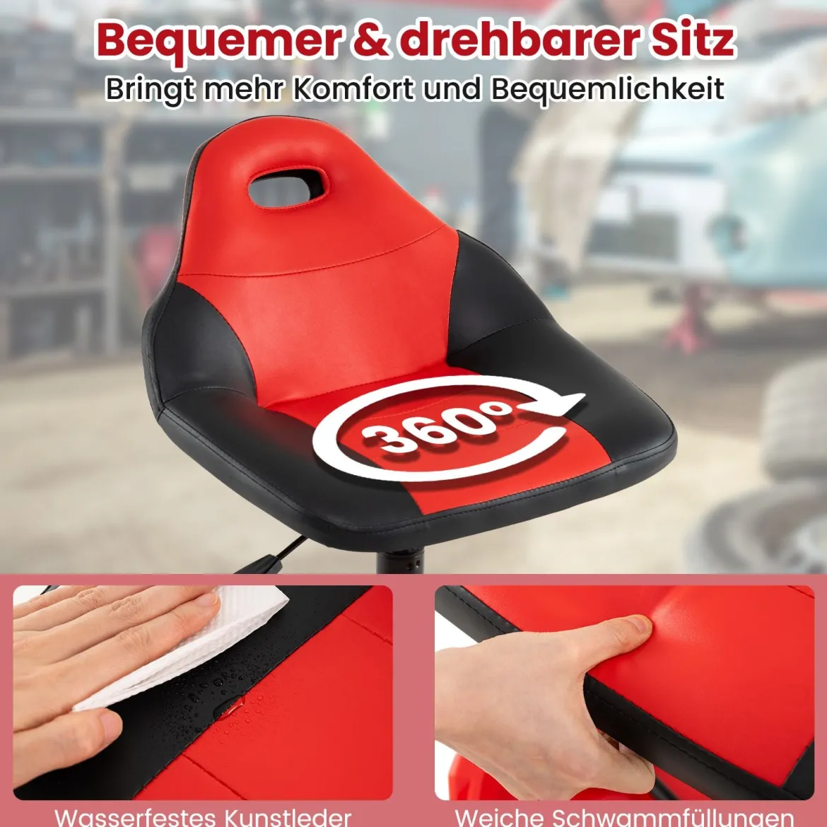 Rollhocker für die Werkstatt Mechanikerhocker auf Rollen mit 71-83 cm Höhenverstellung & Werkzeugablage Rot