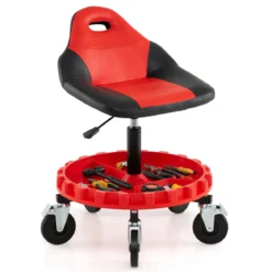 Rollhocker für die Werkstatt Mechanikerhocker auf Rollen mit 71-83 cm Höhenverstellung & Werkzeugablage Rot