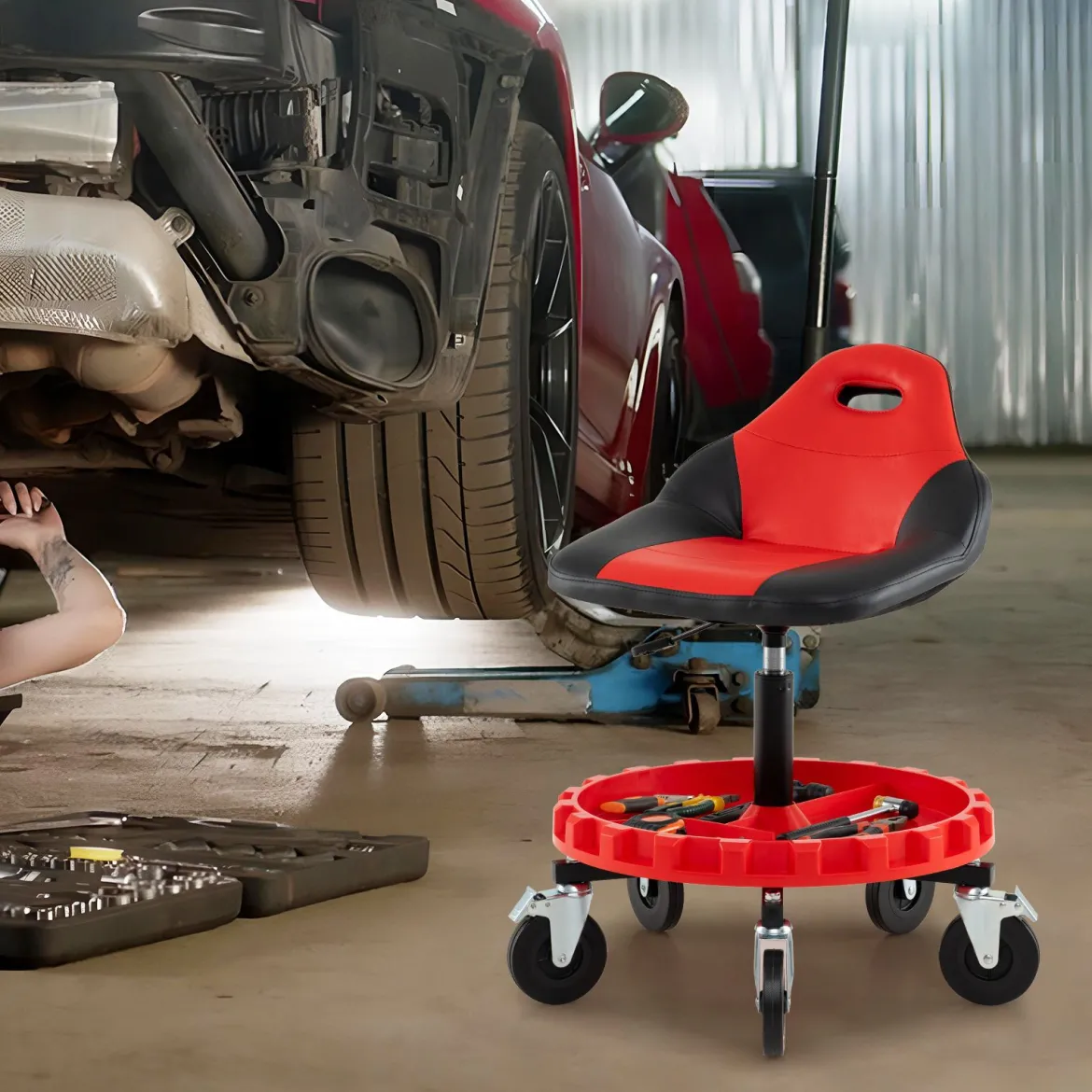 Rollhocker für die Werkstatt Mechanikerhocker auf Rollen mit 71-83 cm Höhenverstellung & Werkzeugablage Rot