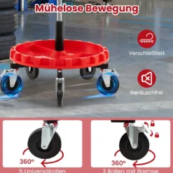 Rollhocker für die Werkstatt Mechanikerhocker auf Rollen mit 71-83 cm Höhenverstellung & Werkzeugablage Rot