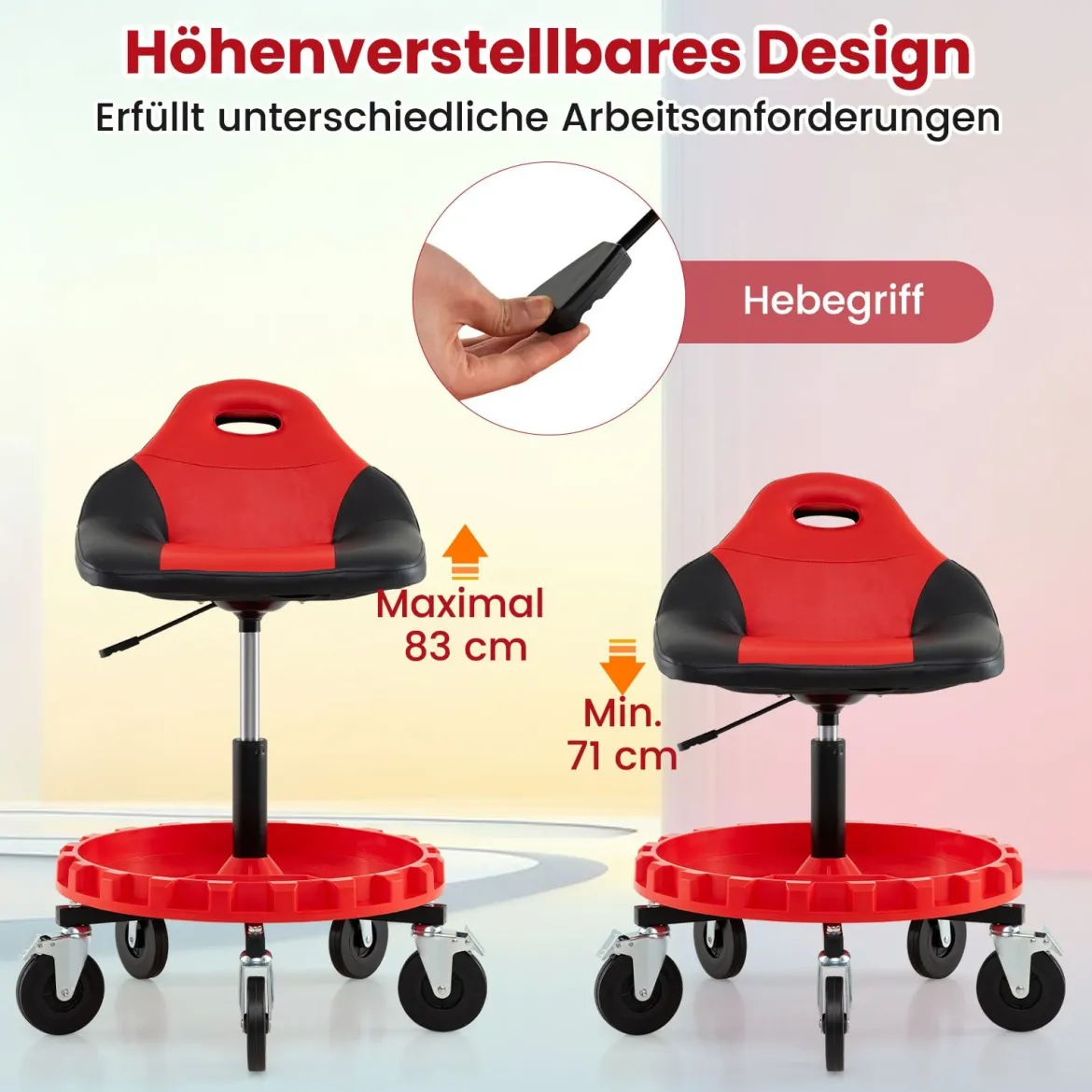 Rollhocker für die Werkstatt Mechanikerhocker auf Rollen mit 71-83 cm Höhenverstellung & Werkzeugablage Rot