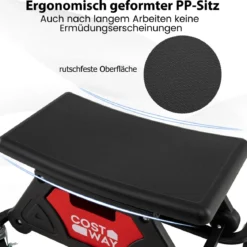 Rollhocker für Mechaniker Schwerlast-Werkstatthocker auf Rollen mit ausziehbarer Schublade & 2 Fachteilen 135 kg Kapazität Schwarz