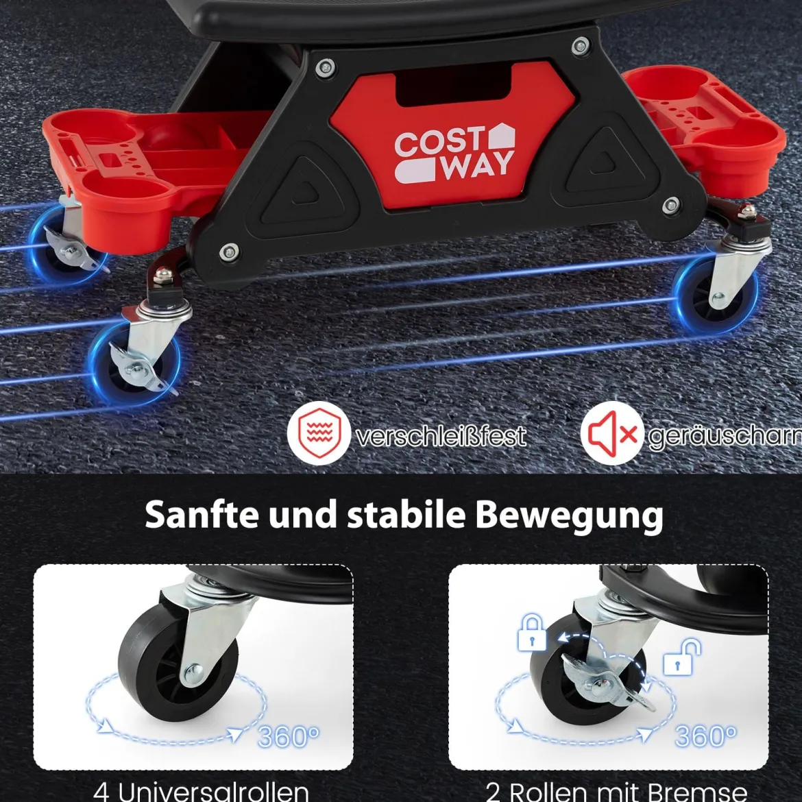 Rollhocker für Mechaniker Schwerlast-Werkstatthocker auf Rollen mit ausziehbarer Schublade & 2 Fachteilen 135 kg Kapazität Schwarz