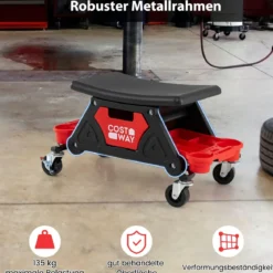 Rollhocker für Mechaniker Schwerlast-Werkstatthocker auf Rollen mit ausziehbarer Schublade & 2 Fachteilen 135 kg Kapazität Schwarz