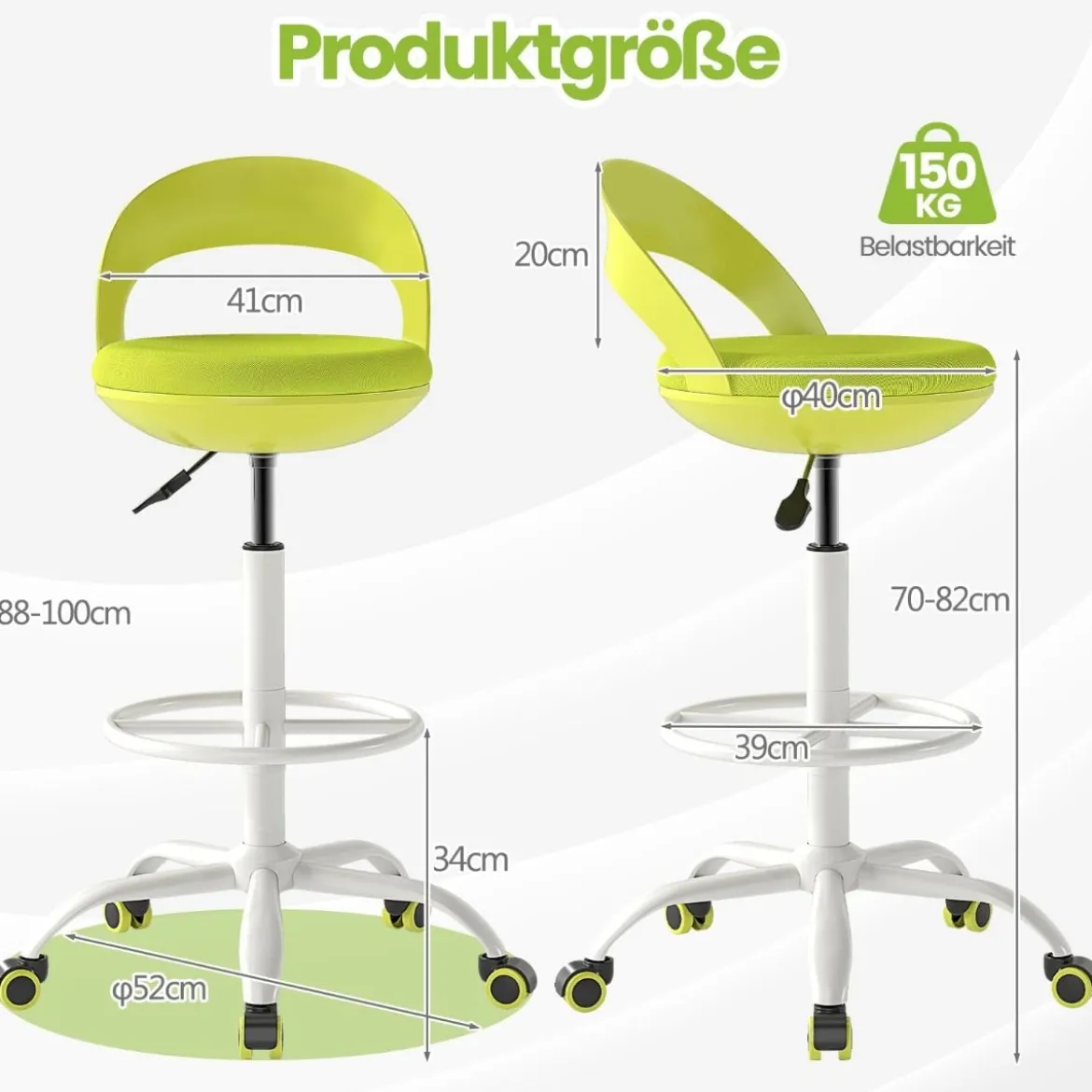 Rollhocker Höhenverstellbar Drehhocker mit Rollen 88-100 cm Arbeitshocker mit Kunstleder bezogener Sitz Grün