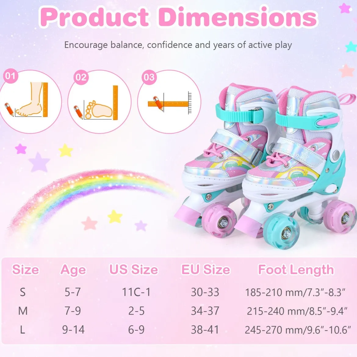 Rollschuhe Kinderrollschuhe mit 4 Verstellbarer Größen & 2 LED-Leuchträdern Quad Skates S/M/L