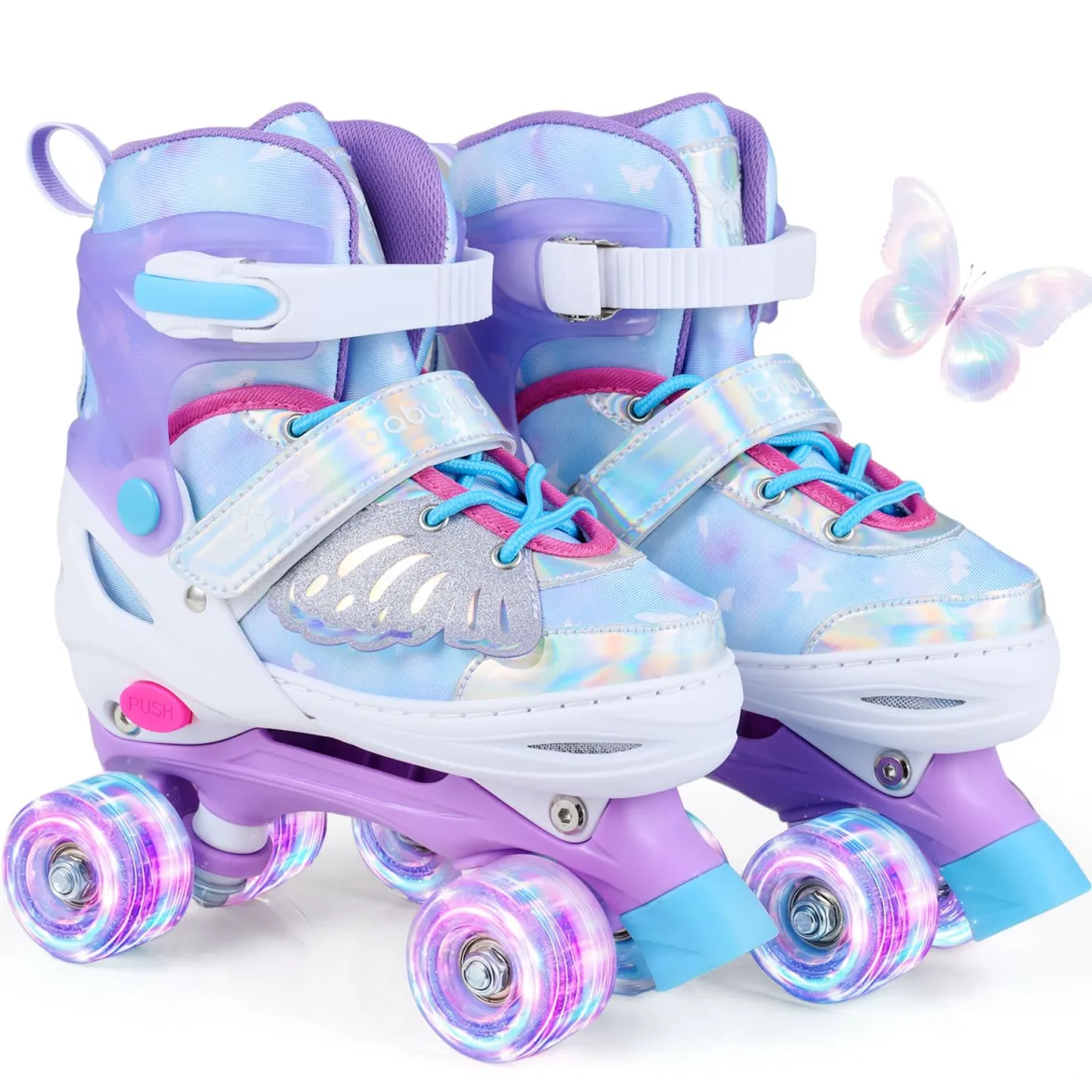 Rollschuhe Verstellbar in 4 Größen EU 34-37 Quad Skates mit 4 euchtenden Rädern Blau/Rosa