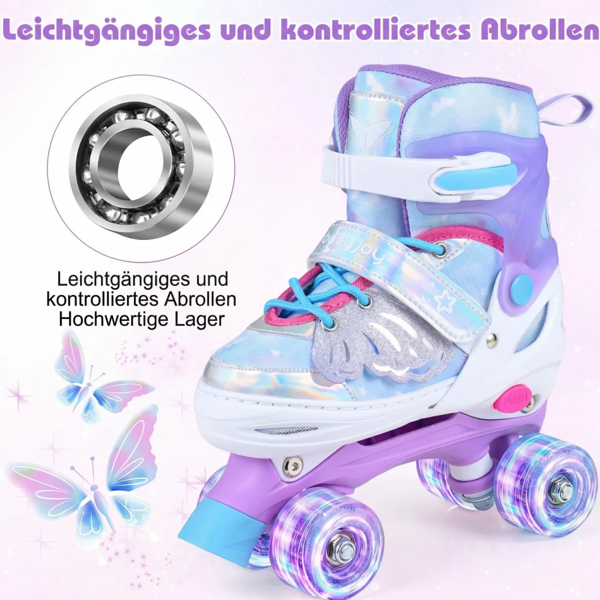 Rollschuhe Verstellbar in 4 Größen EU 34-37 Quad Skates mit 4 euchtenden Rädern Blau/Rosa