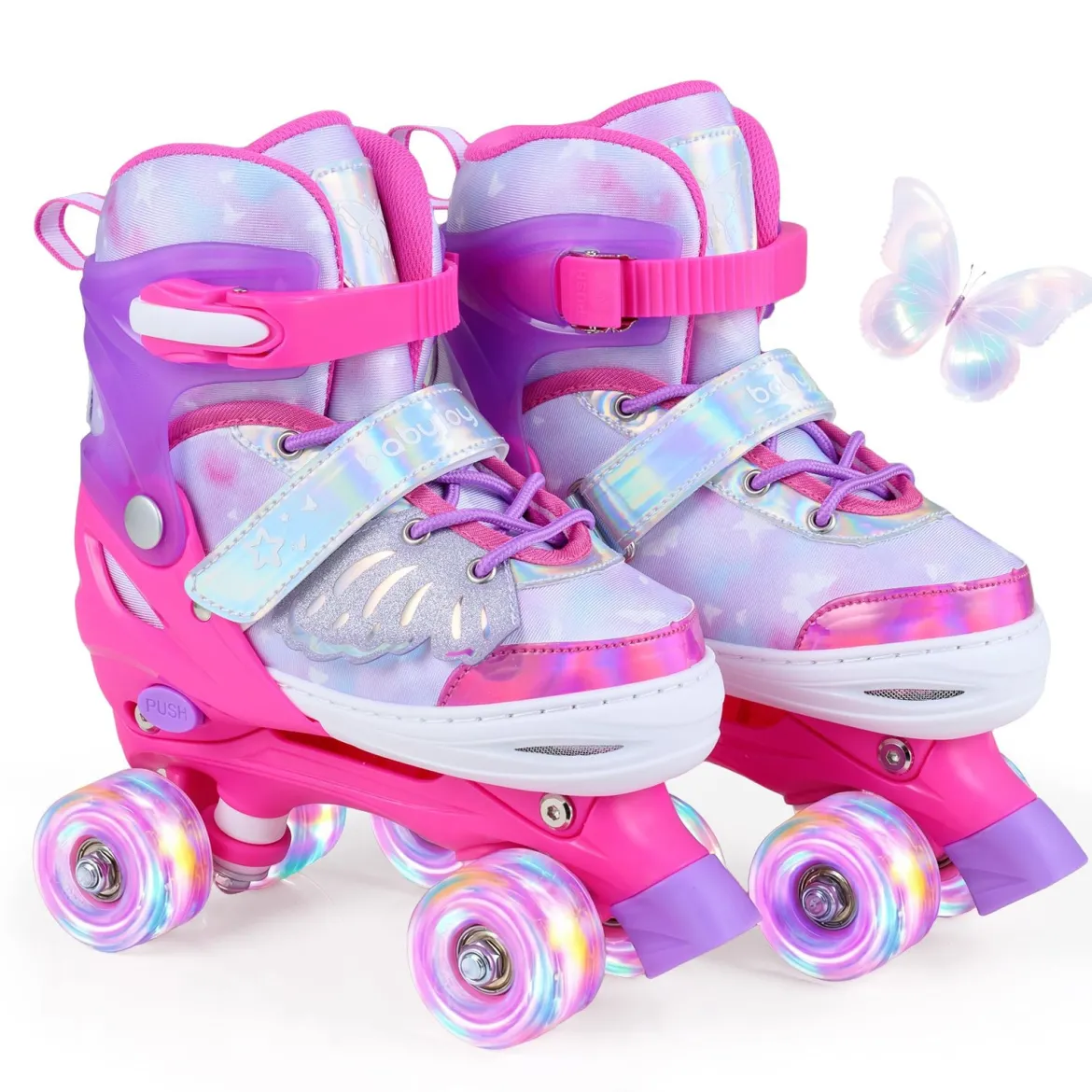 Rollschuhe Verstellbar in 4 Größen EU 34-37 Quad Skates mit 4 euchtenden Rädern Blau/Rosa