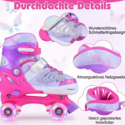 Rollschuhe Verstellbar in 4 Größen EU 34-37 Quad Skates mit 4 euchtenden Rädern Blau/Rosa