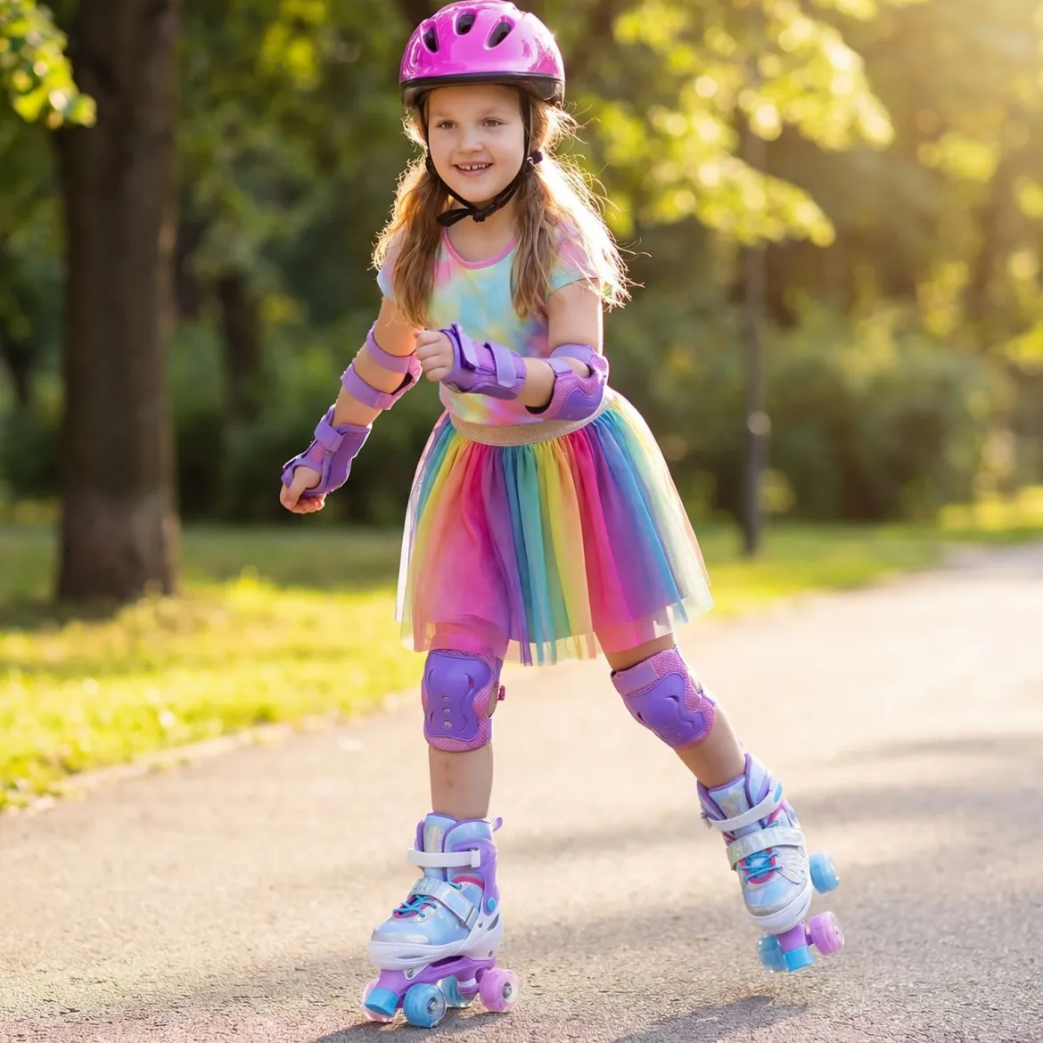 Rollschuhe Verstellbar in 4 Größen EU 34-37 Quad Skates mit 4 euchtenden Rädern Blau/Rosa