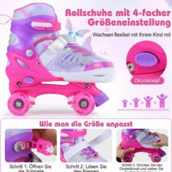 Rollschuhe Verstellbar in 4 Größen EU 34-37 Quad Skates mit 4 euchtenden Rädern Blau/Rosa