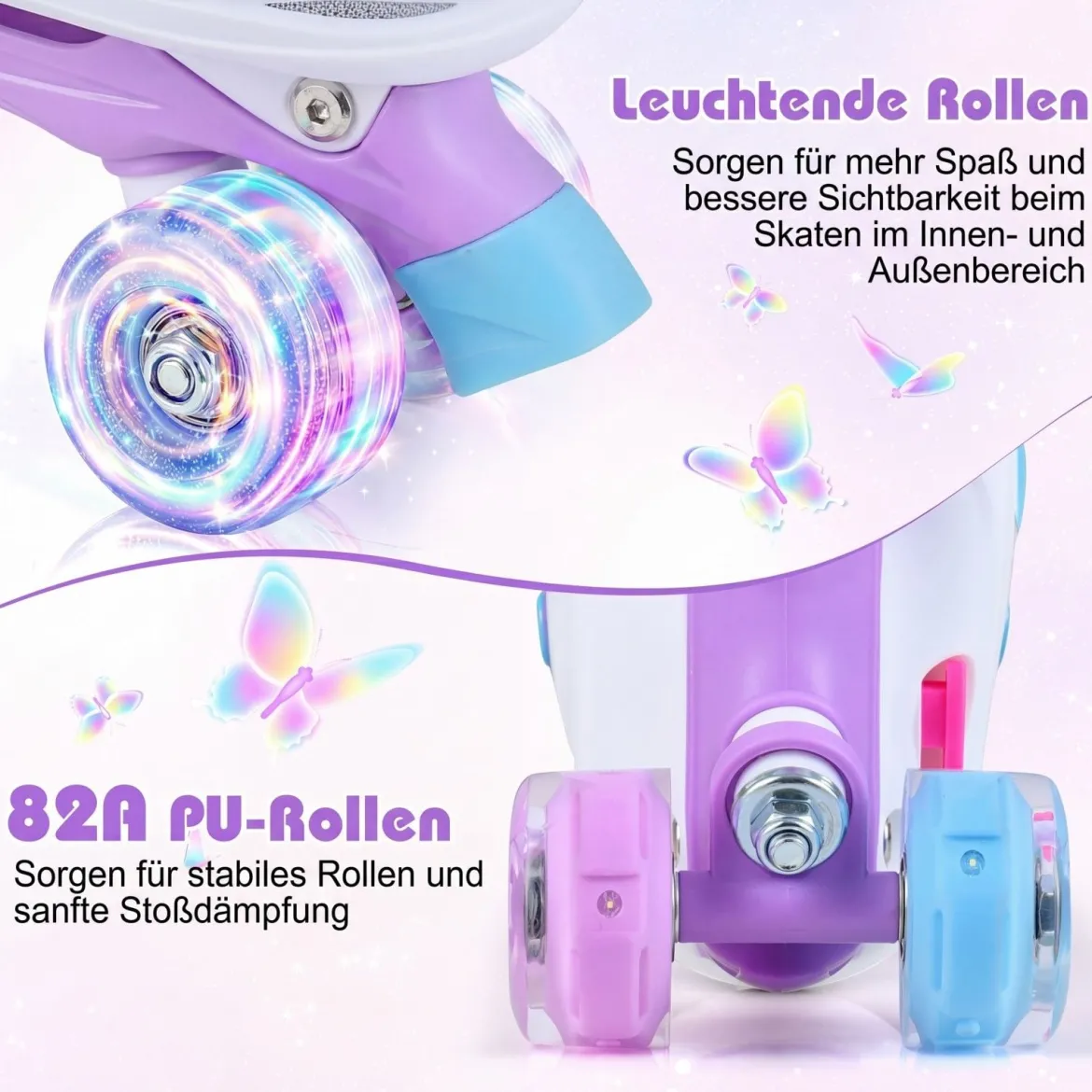Rollschuhe Verstellbar in 4 Größen EU 34-37 Quad Skates mit 4 euchtenden Rädern Blau/Rosa